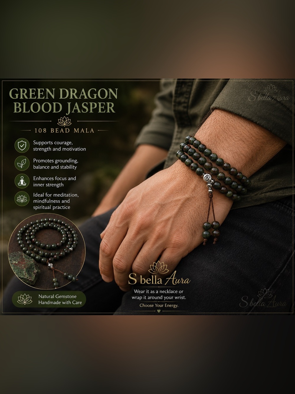 Green Dragon Blood Jasper 108-Bead Mala Wrap Bracelet